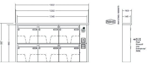 RENZ Briefkastenanlage Aufputz Tetro Kastenformat 370x330x145mm, mit Klingel - & Lichttaster und Vorbereitung Gegensprechanlage, 6-teilig